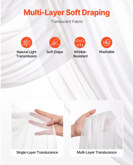 Transparant, wit, lichtgewicht draperie stof voor bruiloft decoraties, met iconen voor zachte drape en kreukbestendigheid.