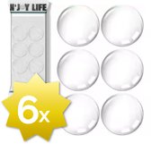 Zes transparante deurstoppers op een witte achtergrond, naast een verpakking met de tekst 'N'JOY LIFE'.