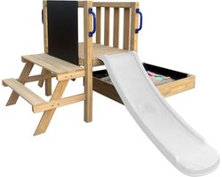AXI Leah Mini Speeltoren met Zandbak en Picknicktafel – Witte Glijbaan – Met Krijtbord – FSC hout – Klein speeltoestel voor de tuin / buiten