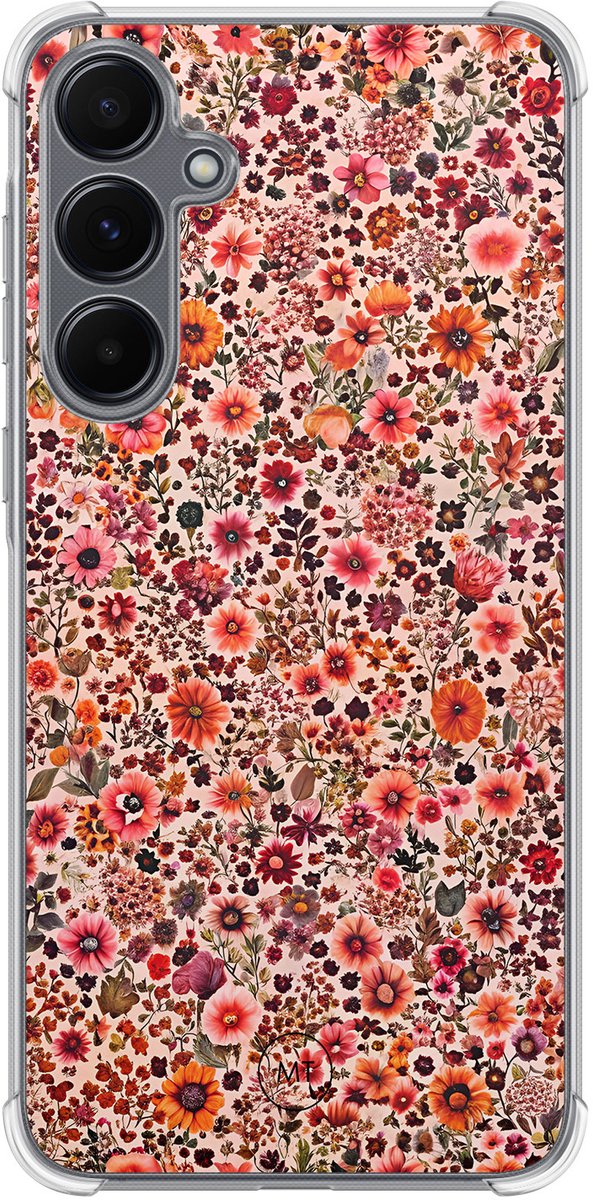Hoesje (shockproof) geschikt voor Samsung Galaxy A55 - Vintage floral - Extra sterke case - TPU/polycarbonaat - Bloemen - Roze, Transparant