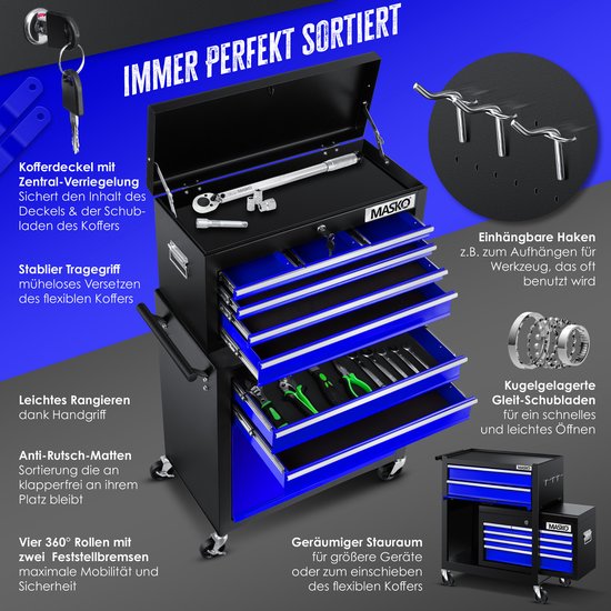 Zwarte gereedschapswagen met blauwe laden, open koffer en accessoires. Haken, sleutels, matten en 360° wielen.