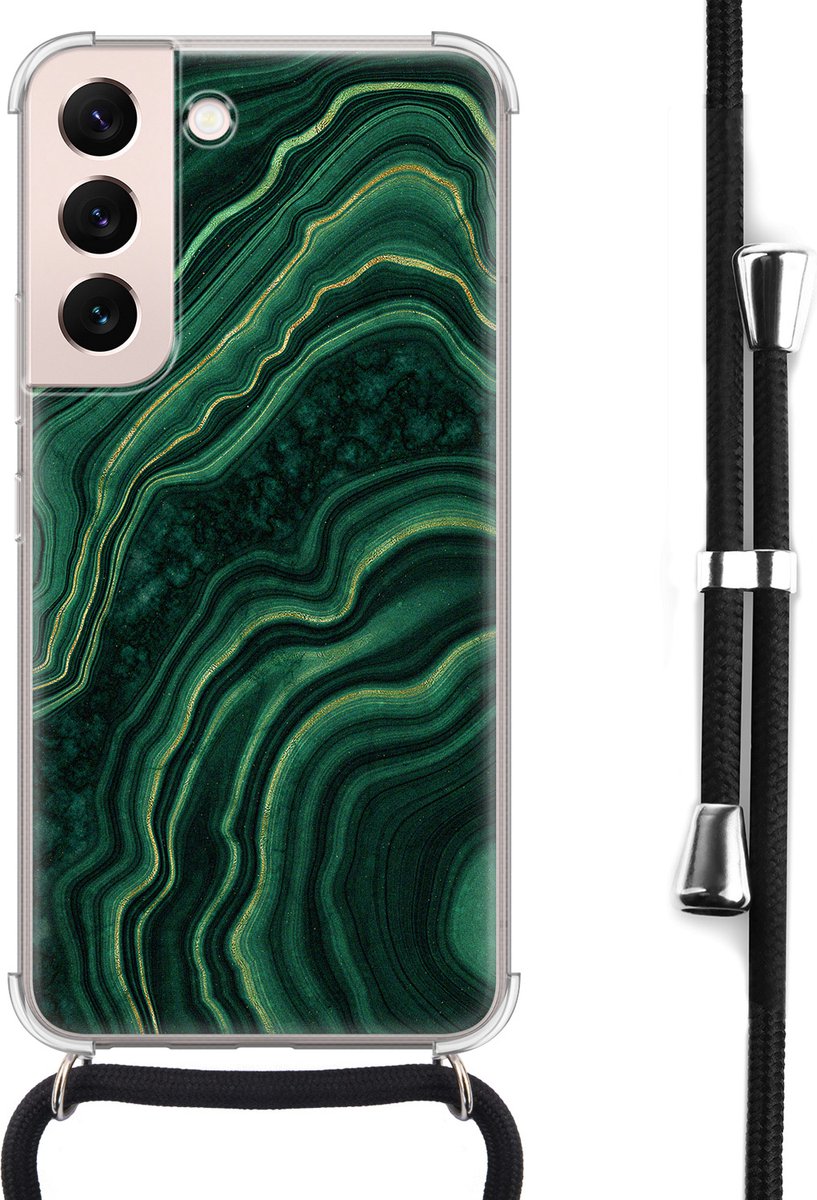 Samsung Galaxy S22 hoesje met koord - Marmer groen agate - Siliconen Case - Shock proof - Zwart koord - Crossbody - Back Cover - Transparant, Groen