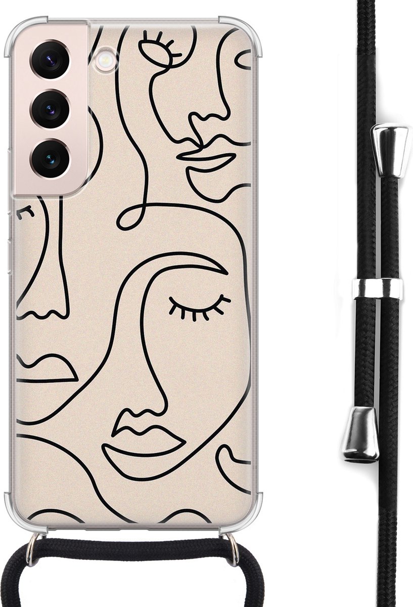 Hoesje met koord - Geschikt voor Samsung Galaxy S22 - Abstract faces - Verstelbaar zwart koord - Crossbody - Print / Illustratie - Transparant, Beige - Leuke Telefoonhoesjes