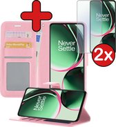 Hoesje Geschikt voor OnePlus Nord CE 3 Lite Hoesje Book Case Hoes Portemonnee Cover Walletcase Met 2x Screenprotector - Hoes Geschikt voor OnePlus Nord CE 3 Lite Hoes Bookcase Hoesje - Lichtroze