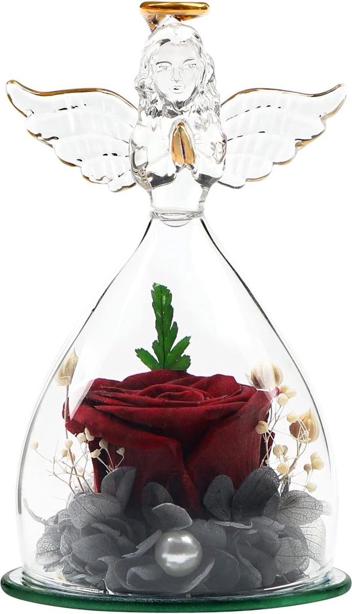 Geconserveerde roos in engelfiguur van glas in glazen koepel, nieuwe handgemaakte roos, wijnrode bloem met parels verfraaiing, shady cadeau voor haar voor verjaardag, trouwdag, Kerstmis (16,3 cm)