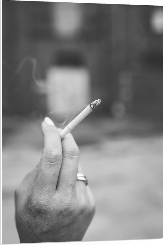PVC Schuimplaat - Sigaret - Roken- Hand - Ring - Rook - Zwart - Wit - 70x105 cm Foto op PVC Schuimplaat (Met Ophangsysteem)