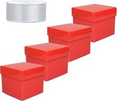 Set van 4 vierkante cadeau doosjes rood 10 x 10 cm en 1 rol kadolint / sierlint zilver 25 meter
