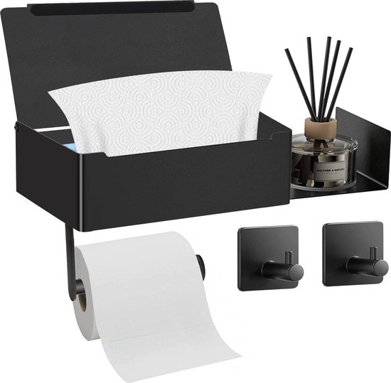 Dolvhin® Toilettenpapierhouder zonder boren incl. 2 handdoekhaken | Toiletrolhouder met plankje | Zelfklevende RVS wc-rolhouder | Badkamer houder voor toiletpapier wc-papierhouder | Gepolijst chroom