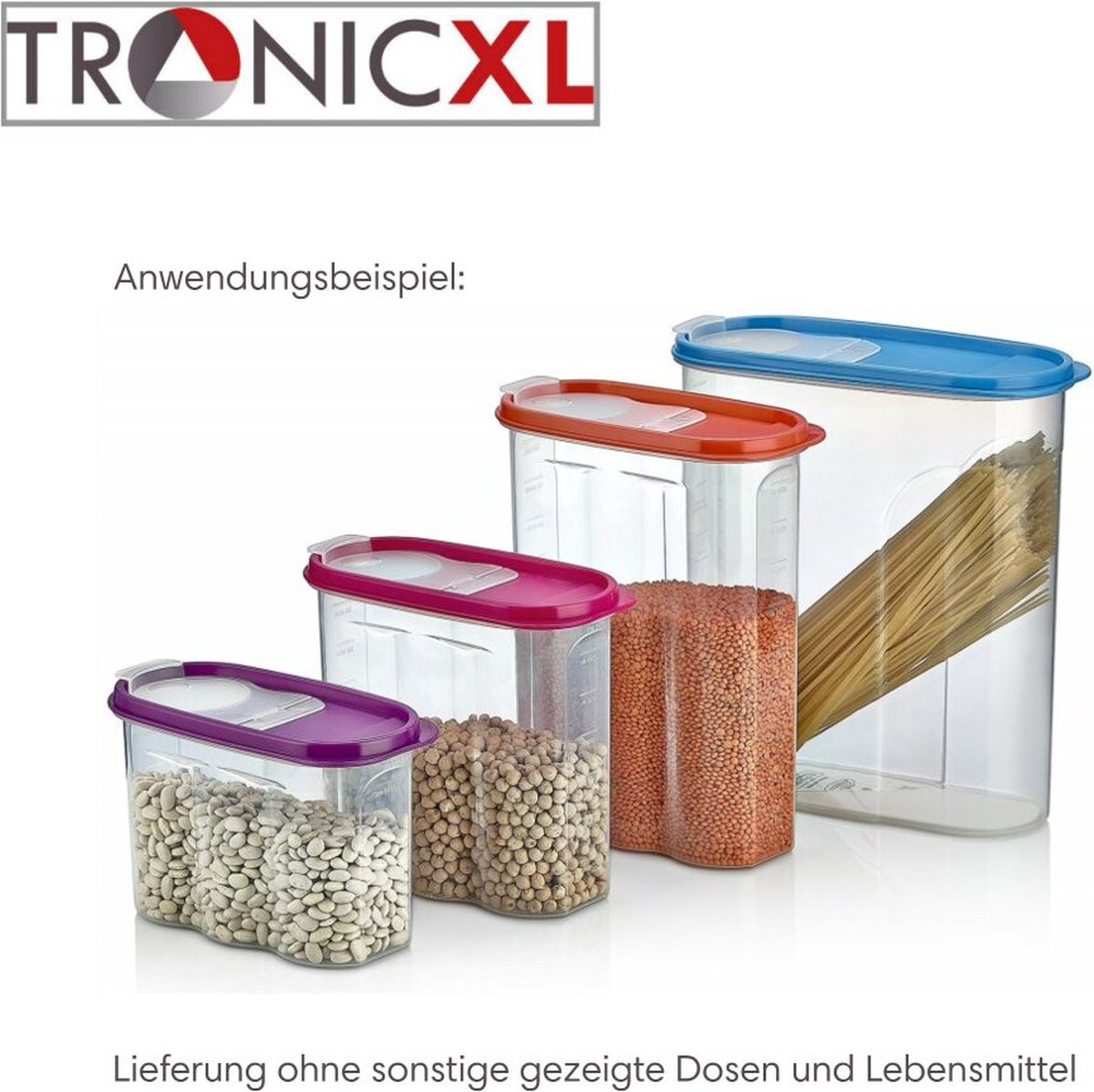 TronicXL 4 stuks bulkdozen 2,4 l groot, stapelbare set, voorraaddozen, gemengde kleuren, vershouddozen, BPA-vrij, kunststof, strooidoos, bijvoorbeeld voor cornflakes, diervoer, muesli, 2,4 liter