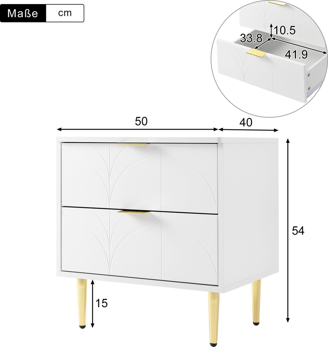 Nachtkastje, set van 2, smal wit met 2 laden, nachtkastje met gouden