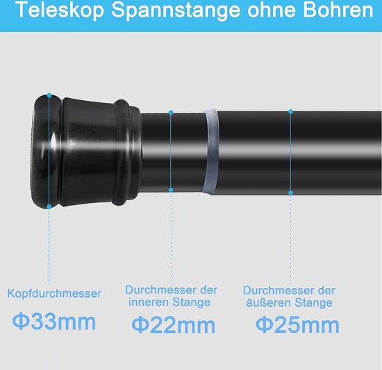 Tringle de Douche 1 Pièce Sans Perçage Tringle à Rideau de Douche Tringle Télescopique pour Armoires Salle de Bains Penderie 110-200 cm (1 Pièce) Noir (Diamètre 25mm)