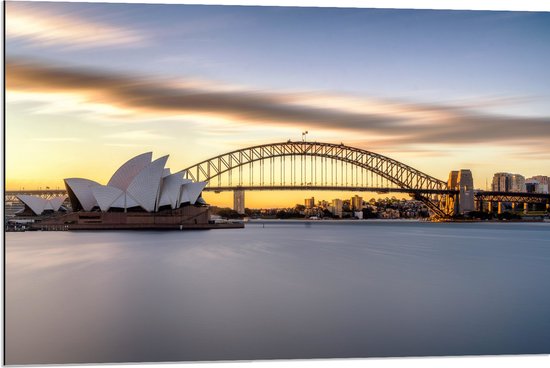 Dibond - Zonsondergang achter de Brug in Sydney, Australië - 90x60 cm Foto op Aluminium (Met Ophangsysteem)