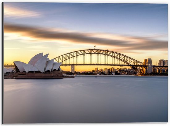 Dibond - Zonsondergang achter de Brug in Sydney, Australië - 40x30 cm Foto op Aluminium (Met Ophangsysteem)