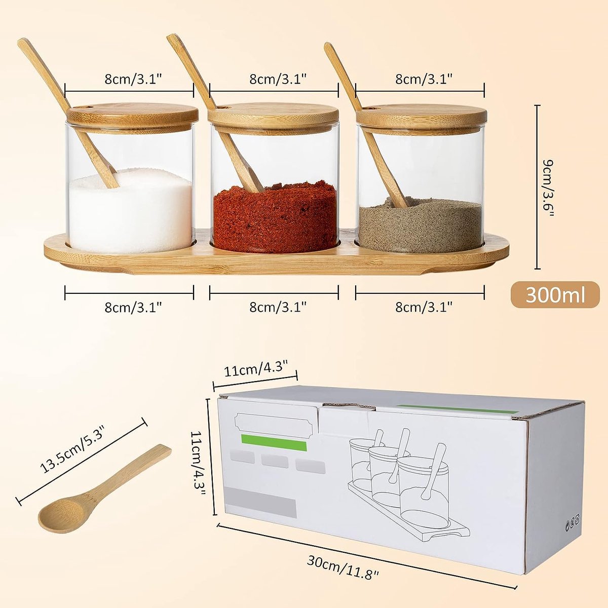 Lot De 3 Pots à Épices En Verre Avec Cuillère En Bambou - Rond, Élégant, Parfait Pour Sel, Poivre, Sucre - Idée Cadeau Déco Cuisine