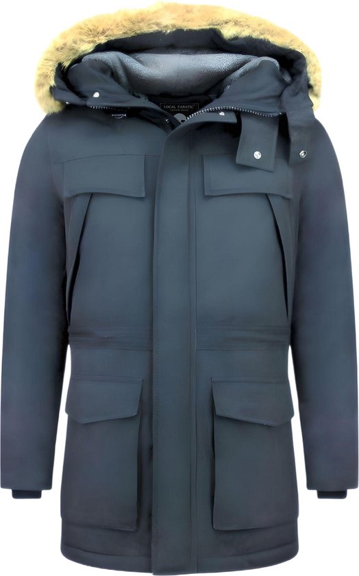 Enos Long Hommes Parka Jacket - Avec col en fourrure - Bleu foncé Hommes Veste d'hiver Homme Veste taille XL