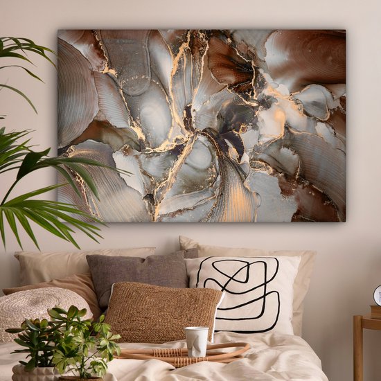 Toile Peinture Grijs - Goud - Marbre - 140x90 cm - Décoration murale