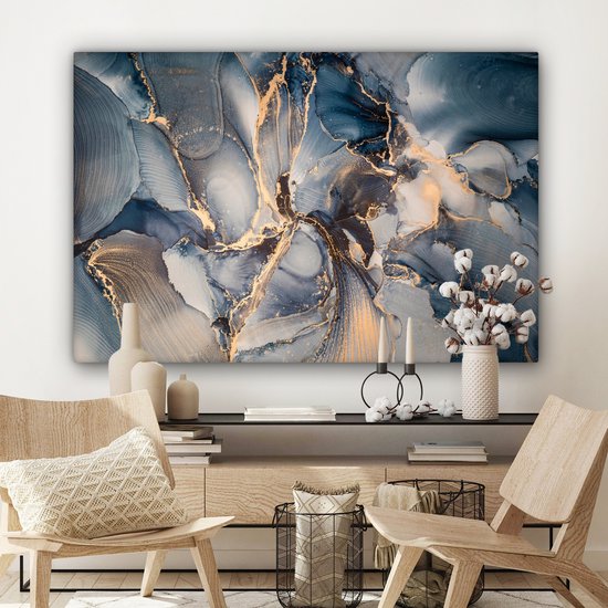 Toile Peinture Marbre - Grijs - Blauw - Luxe - Or - 120x80 cm - Décoration murale