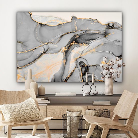 Toile Peinture Marbre - Goud - Grijs - 140x90 cm - Décoration murale