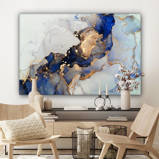 Toile Peinture Marbre - Blauw - Or - 140x90 cm - Décoration murale