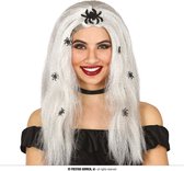 Halloween - Perruque d'habillage d'horreur grise avec des araignées noires pour femme - Accessoires d'habillage de sorcières d'Halloween