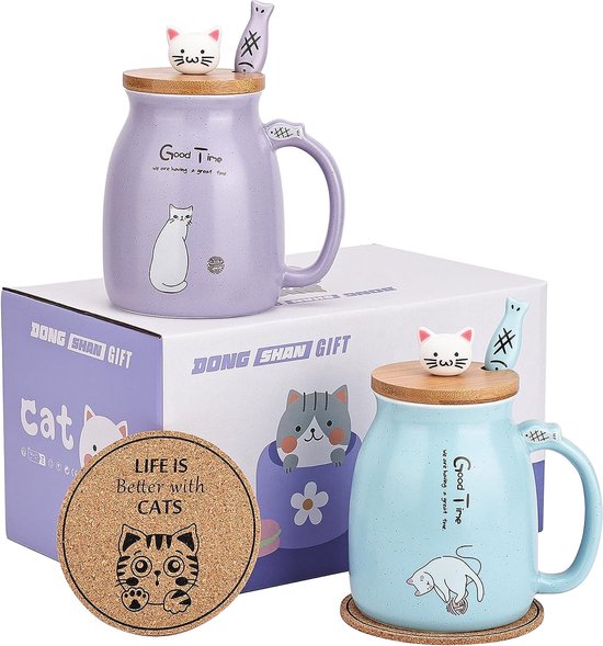 Kattenbeker, set van 2 schattige theekopjes, koffiebeker van keramiek met kawaii-deksel, schattige beker voor kattenliefhebbers, 500 ml, Kerstmis, verjaardag, kat, cadeau, beker (paars en blauw)