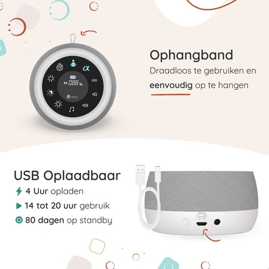 Grijze Numsy Touch machine, USB-C kabel, en ophanglus. Toont USB-oplaadfunctie.