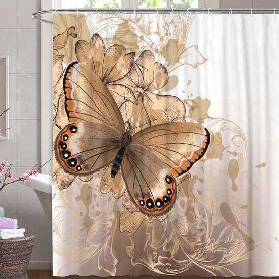 Douchegordijn goud vlinder planten flora textiel bloemen vlinder schimmelbestendig kleurvast incl. 12 C-ringen bodemgewicht 180x200 (BxH) cm