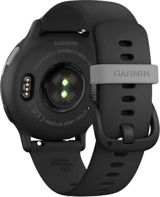 Onderkant van zwart Garmin sporthorloge met sensoren, tekst en Quick Release-indicatie.