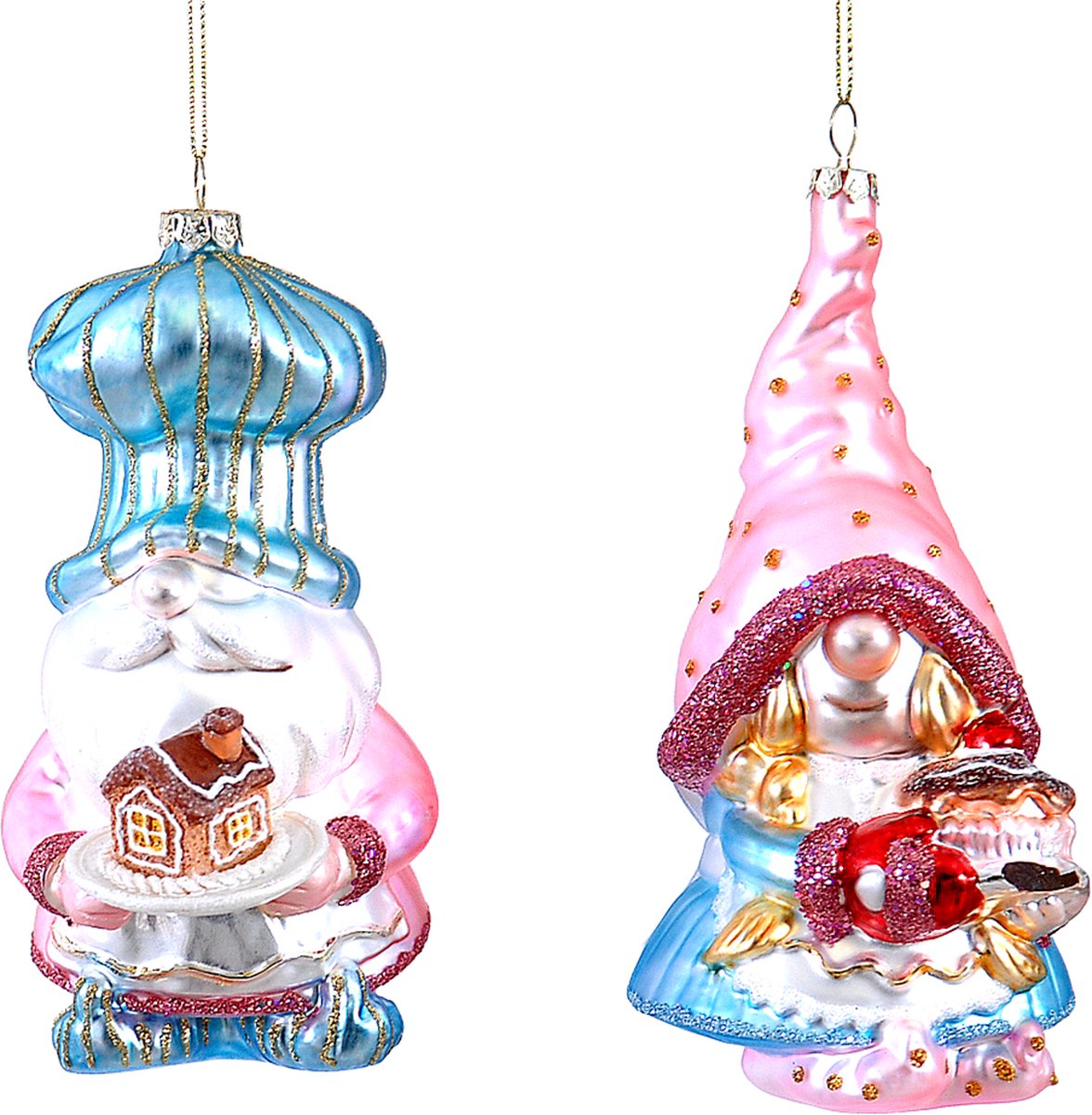 Viv! Christmas Kerstornament - Gingerbread Gnooms - set van 2 - glas - pastel - roze blauw - 17cm