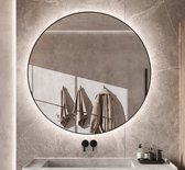 Miroir de salle de bain rond avec éclairage indirect, chauffage, capteur tactile, fonction de variation et cadre noir mat 120x120 cm