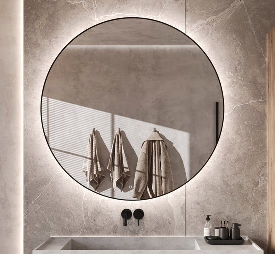 Miroir salle de bain ROND avec éclairage LED et contour noir