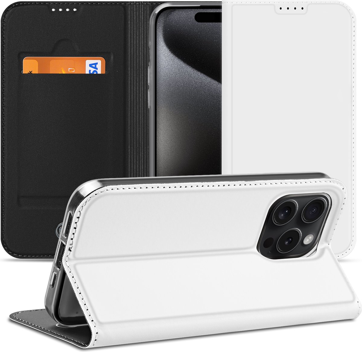 Stand Case Hoesje Geschikt voor de iPhone 15 Pro Wit met Pashouder