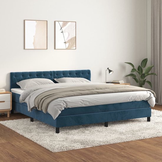 The Living Store Boxspringbed - fluweel - donkerblauw - 160x200 - pocketvering