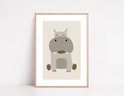 Hippopotame gris avec un grand museau et un fond beige.
