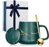 Gemarmerde keramische mok met deksel, keramische koffiemok en lepel, heren koffiemok cadeauset, elegante koffiemok, kerstcadeau set 12oz/350ml - groen