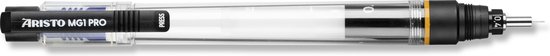 Transparante vulpen met zwarte accenten, "ARISTO MG1 PRO" en "PRESS" opdruk.