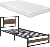 Metalen bed Jacquelyn - Met matras - 90x200 cm - Zwart en Walnoot - Stijlvol design