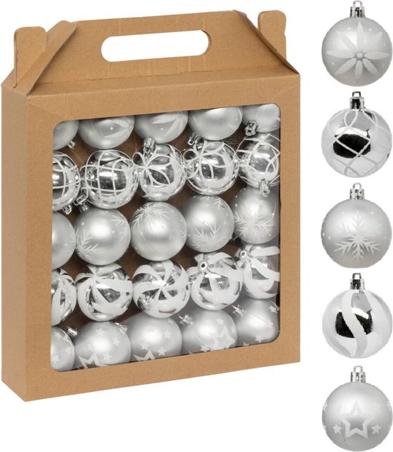 Feeric Christmas gedecoreerde kerstballen - 25x st - 6 cm - zilver/wit - kunststof