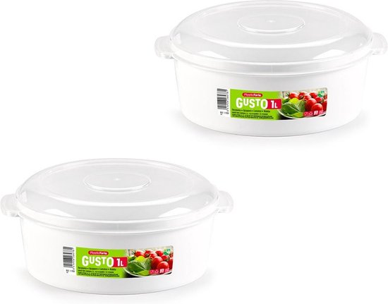 Deux bols blancs en plastique pour micro-ondes avec couvercles transparents, chacun d'1 litre.