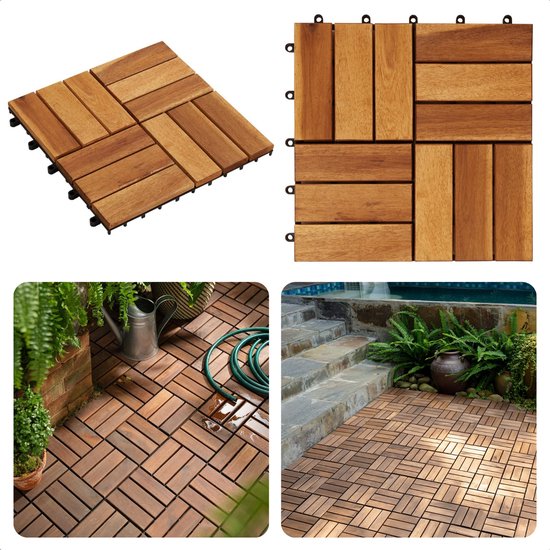 Cheqo® Acacia Houten Terrastegels - Mozaïek - 30x30 cm - 9 stuks - 0.81m2 - Balkon, Terras of Vlonder - Snelle Montage - Vlondertegel - Tuintegels - Terrasplanken - Balkon vloer - Kliktegels - Buiten tegels - Warme Uitstraling