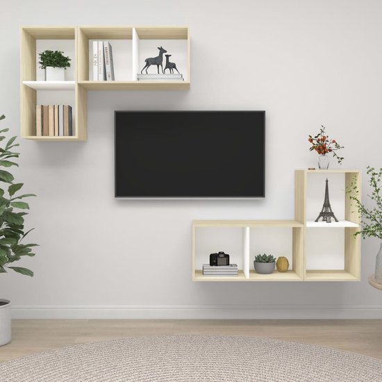 The Living Store Tv-meubelset - Televisiewand - wit en sonoma eiken - 37 x 37 x 72 cm - 4 stuks