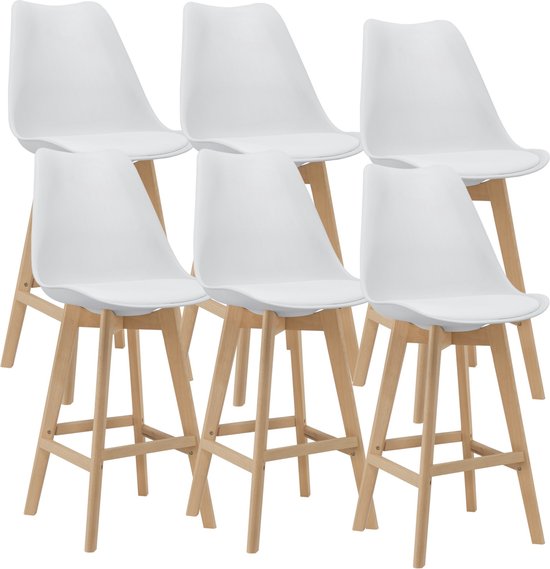 Barkruk Jonny - Set van 6 - Imitatieleer en Beuken - 105x48x58 cm - Wit - Modern design