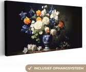 Tableau sur toile Fleurs - Nature morte - Roses - Bleu de Delft - Vase - 80x40 cm - Décoration murale