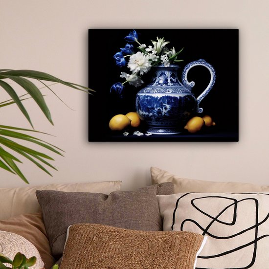 Peinture sur toile Nature morte - Cruche - Bleu de Delft - Fruits - Fleurs - 40x30 cm - Décoration murale