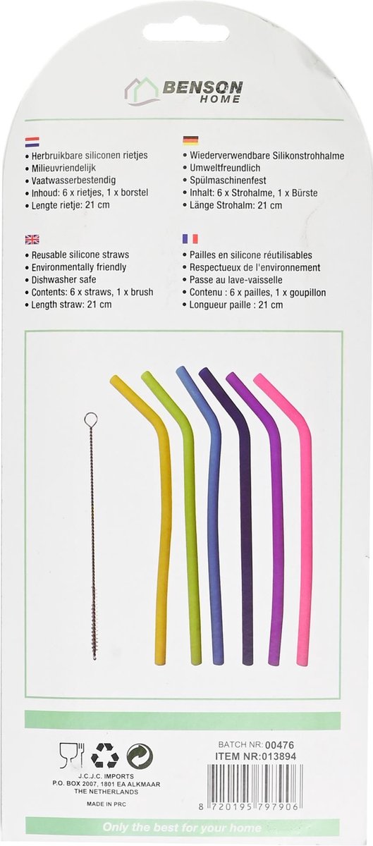 Benson Herbruikbare siliconen rietjes set - kleurrijk - met schoonmaakborstel - 6 stuks - 21 cm — cadeau in Koken & Dineren - foto 4