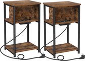 Nachtkastjes Set van 2 – Bijzettafel met Stopcontact en USB – Vintage Bruin/Zwart