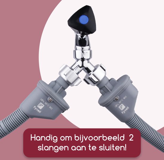 Kraansplitter Y-stuk met twee waterslangen aangesloten, met een kraanafsluiter en de tekst "Handig om bijvoorbeeld 2 slangen aan te sluiten!".