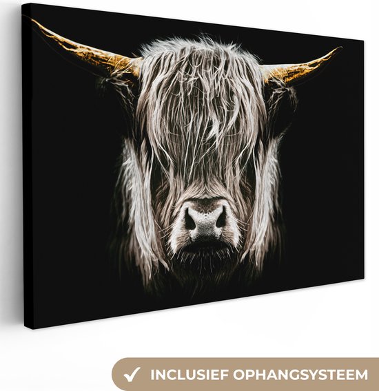 Canvas Schilderij Schotse hooglander - Goud - Hoorns - Zwart wit - Koe - Dieren - 120x80 cm - Wanddecoratie