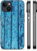 Telefoonhoesje Geschikt voor iPhone 15 Plus Backcase Siliconen Hoesje met Zwarte rand Wood Blue