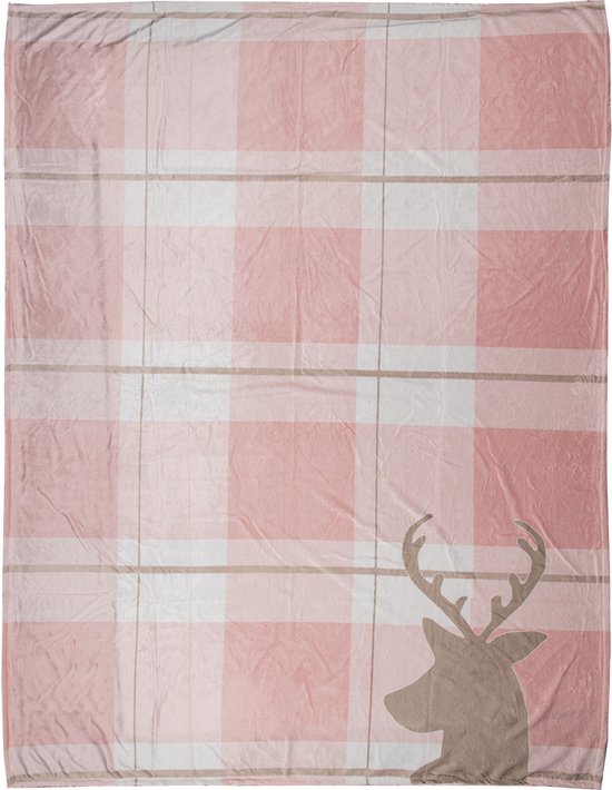 Clayre & Eef Plaid 130x170 cm Roze Wit Polyester Rendier Deken